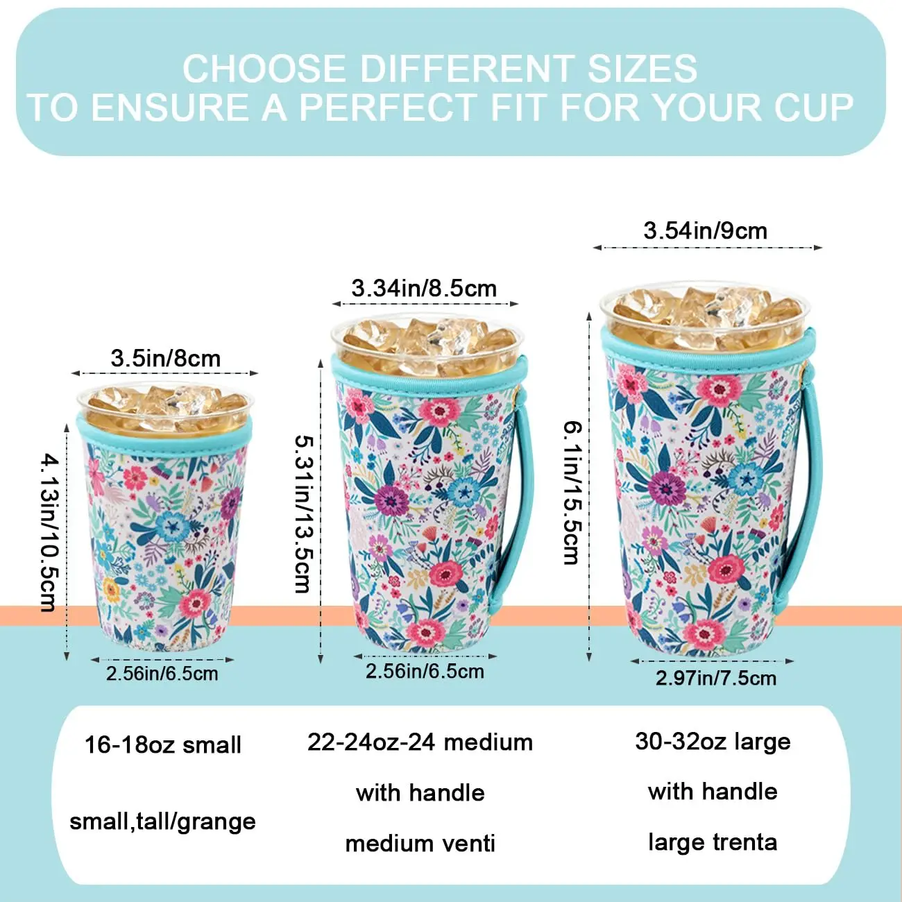 Wholesale Sublimation Silk Printing  Coffee Drinks Neoprene Coozies 3Size Reusable Neoprene Iced Coffee Cup Sleeve With Handle