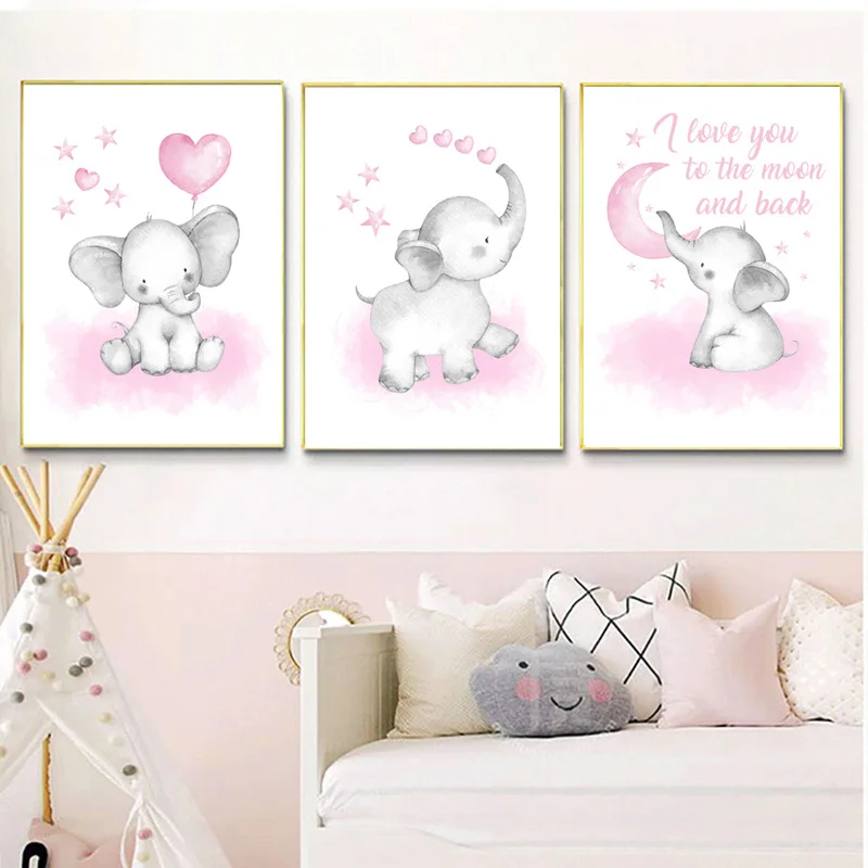 Современные декоративные картины, слон из мультфильма, настенное украшение для детской комнаты, три бескаркасных картины, 1 комплект
