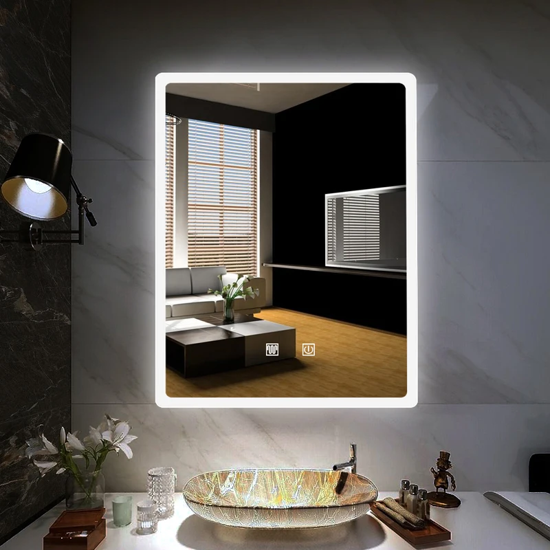 Rectangle backlit led smart bathroom mirror with temperature/digital clock/calendar display