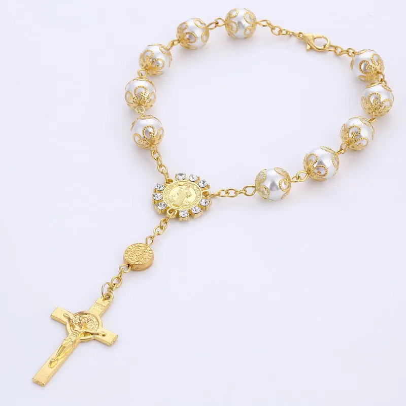 10mm Glass Pearl Rosary Jesus Bracelet Cross Catholic Rose Gold Rosary Bracelet Jesus Cross Bracelet For Women