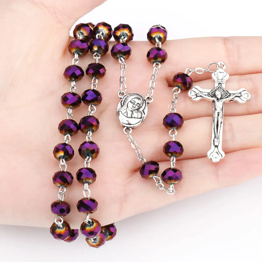 2022 Suyan Hot selling  Rosary  8*6mm Glass Crystal Beads Jesus Cross Pendant Christ Maria stock Rosary necklace