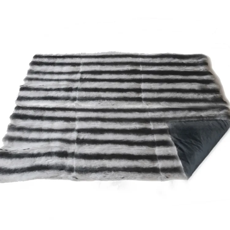 Premium Quality Rex Rabbit Fur Bed Runner Buttery Soft Texture Luxury Dyed Grey White Chinchilla Fur Bedding Blanket