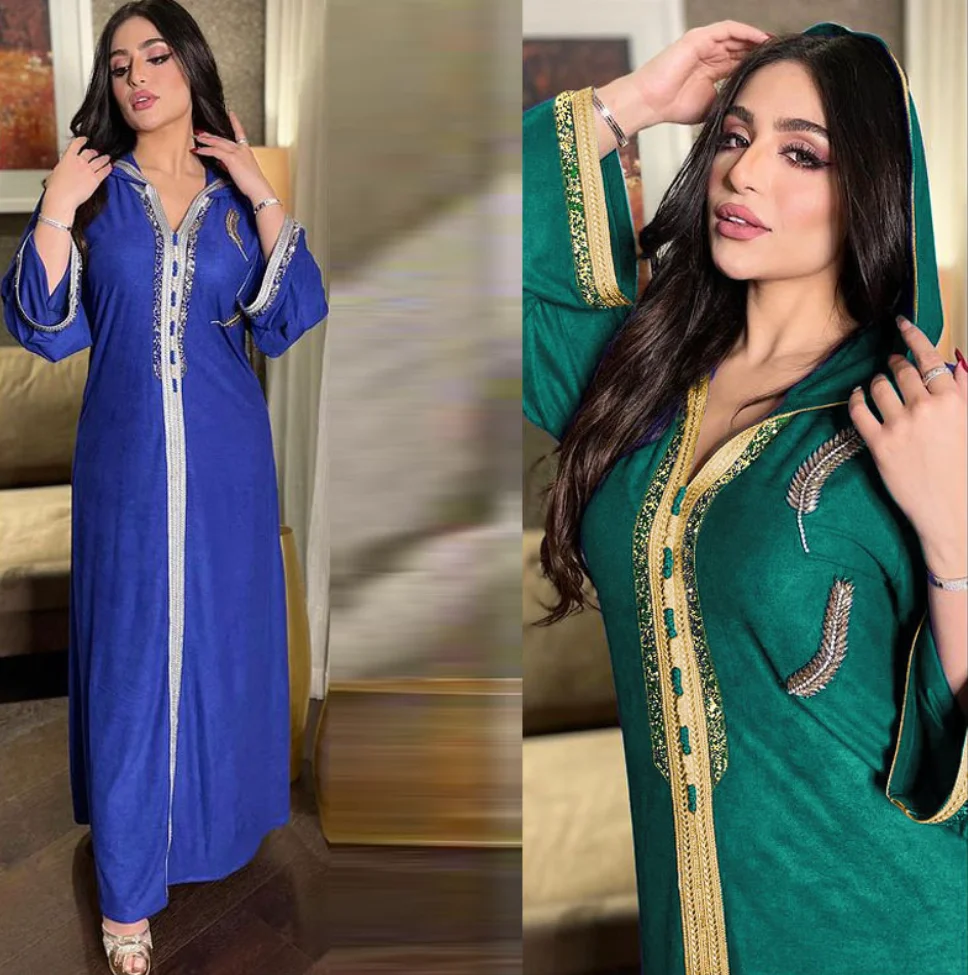 Hot Selling Ramadan Eid Jalabiya Fashion Muslim Dubai Arabic Hooded Abaya Dress Moroccan Kaftan Diamond Jalabiat Women Robe 2023