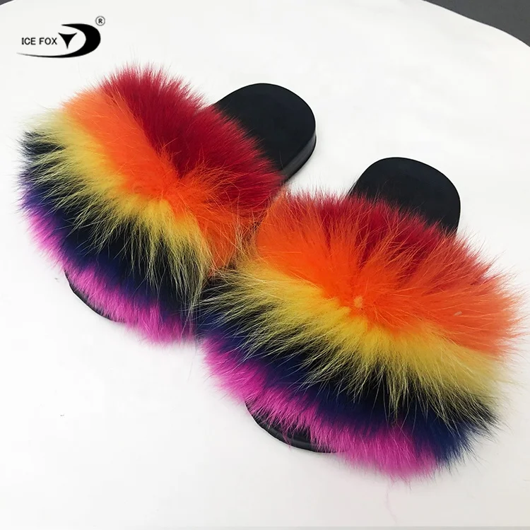  Cheap Factory Directly Wholesale Non Slip Rainbow Colors Custom Designer Real Fur Slide Sandals For