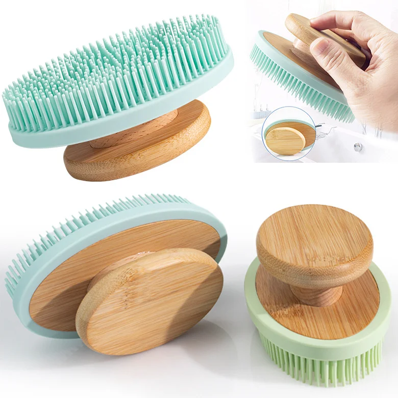 New bamboo handle bath brush rub back artifacts Double side scrub brush with rope food grade silicone long handle bath brush