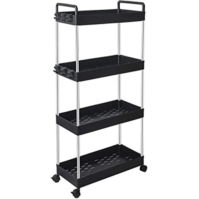 Space Saving Kitchen Storage Rack Slim Slide Tower Movable Assemble Plastic Shelf With Wheels For Kitchen Bathroom