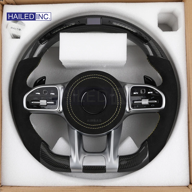 HAILED  With Led Half Alcantara Leather Volant Carbon Fiber Steering Wheel for Mercedes Benz C63s W205 W176 W221 C219 C117 AMG