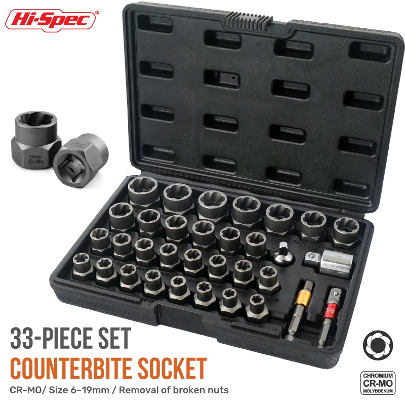 33pc Compact Nut & Bolt Extractor Remover Socket & Adaptors Set for Broken Damaged Removal 6 - 19mm Cr-Mo Steel. OEM ODM Ready