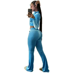 New Velvet Tracksuit For Women Ladies 2PC Solid Crop Top And Flared Pant Casual Outfits Two Piece Pants Set