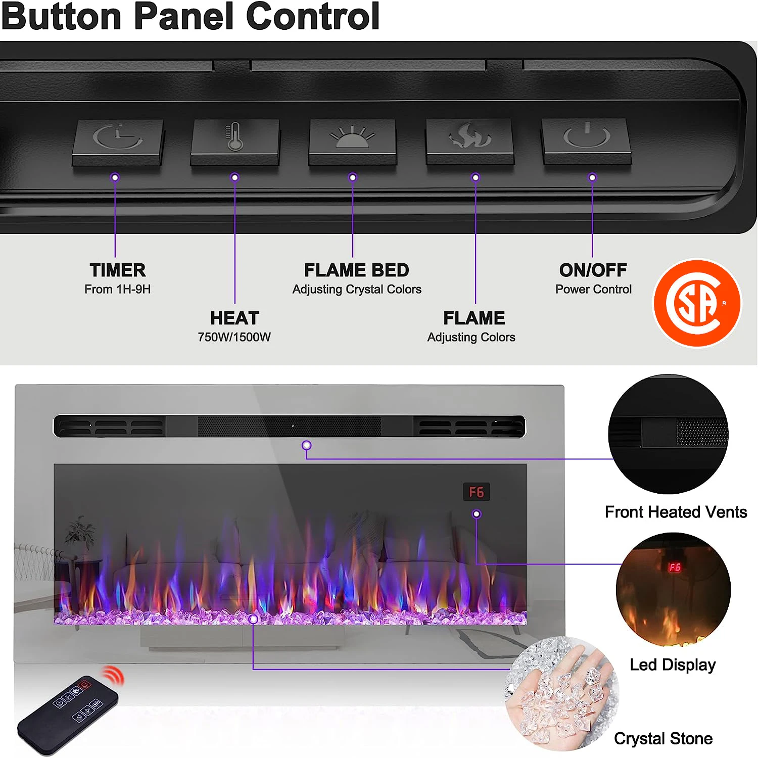 31-Inch Realistic Flame Electric Fireplace Heater Wall Mounted Log Set TV Stand Remote Control for Household Use