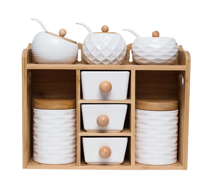 Керамическая домашняя кухонная коробка для приправ, фарфоровые наборы для соли, сахара, специй, перца с 2 отделениями, Бамбуковая стойка-Органайзер