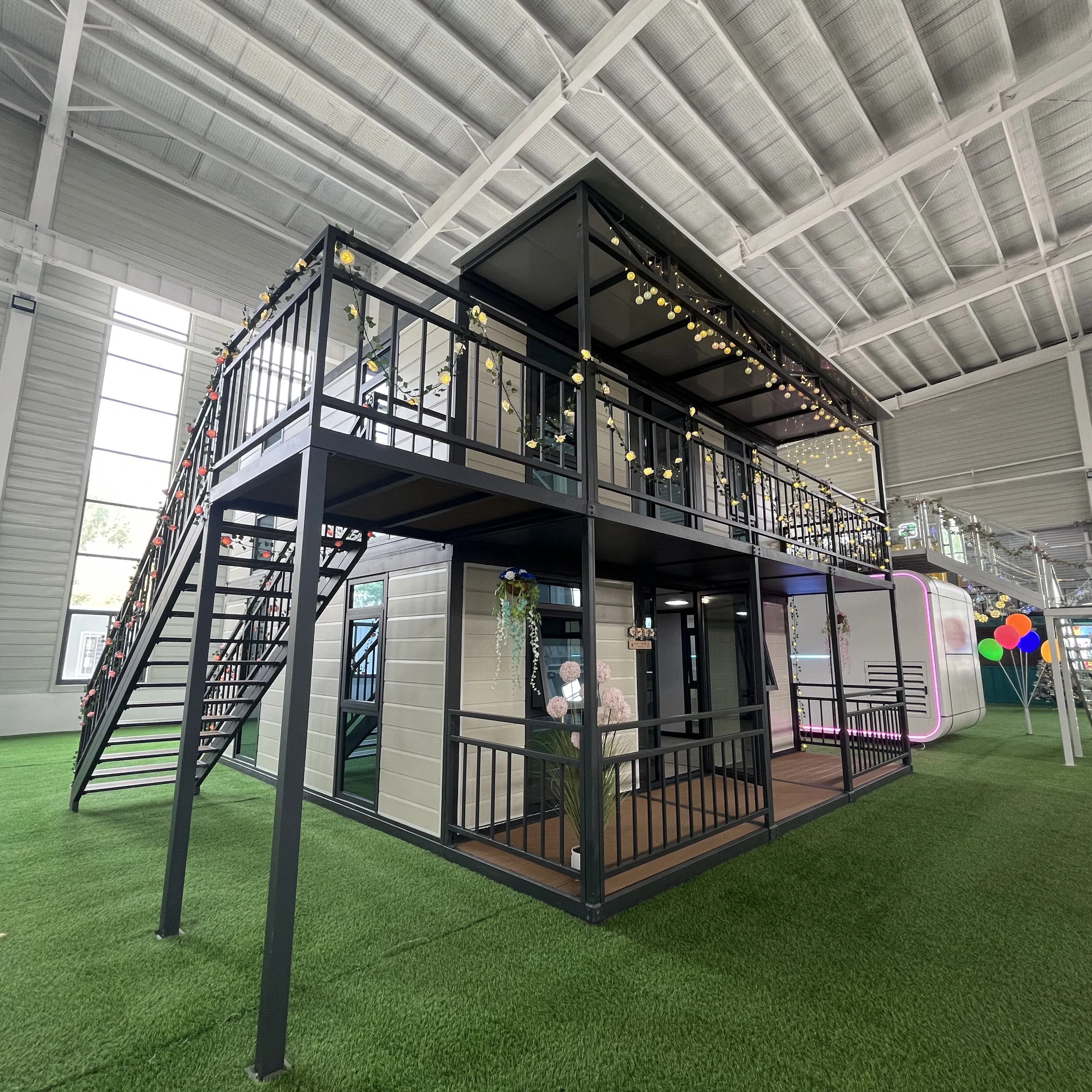 20ft double-story office prefabricated shipping double-wing expandable folding container houses with terrace stairs and canopy