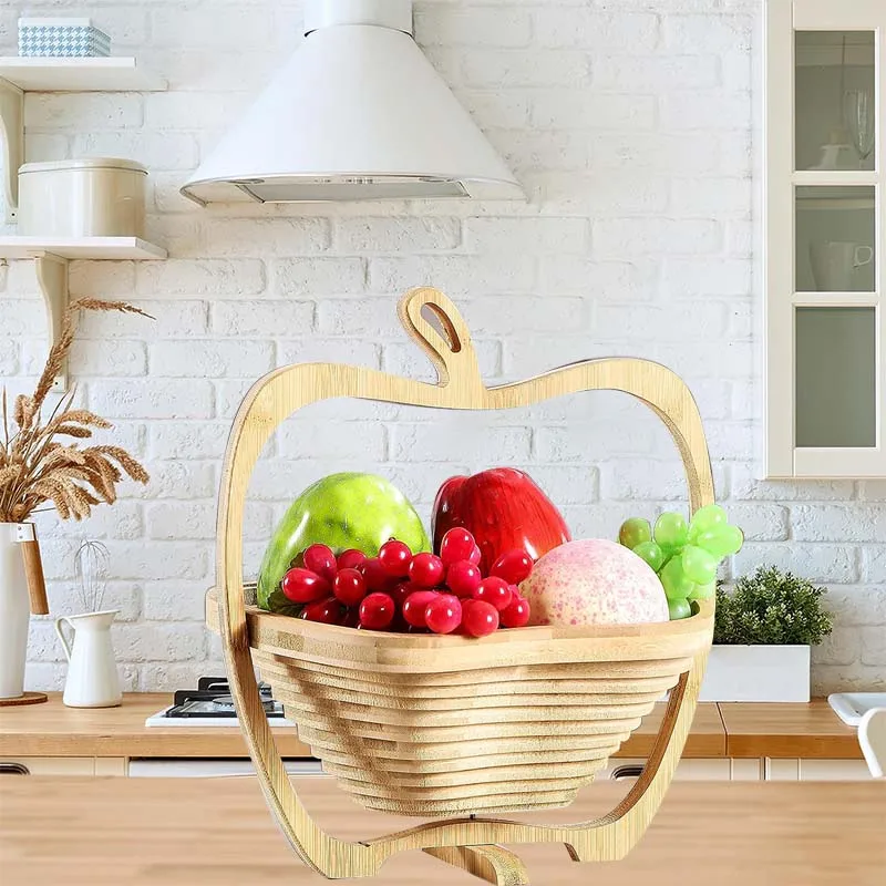 Collapsible Bamboo Fruit Basket Dried Tray Wooden Snack Box Holiday Food Tray Bowl Holder for Kitchen Table
