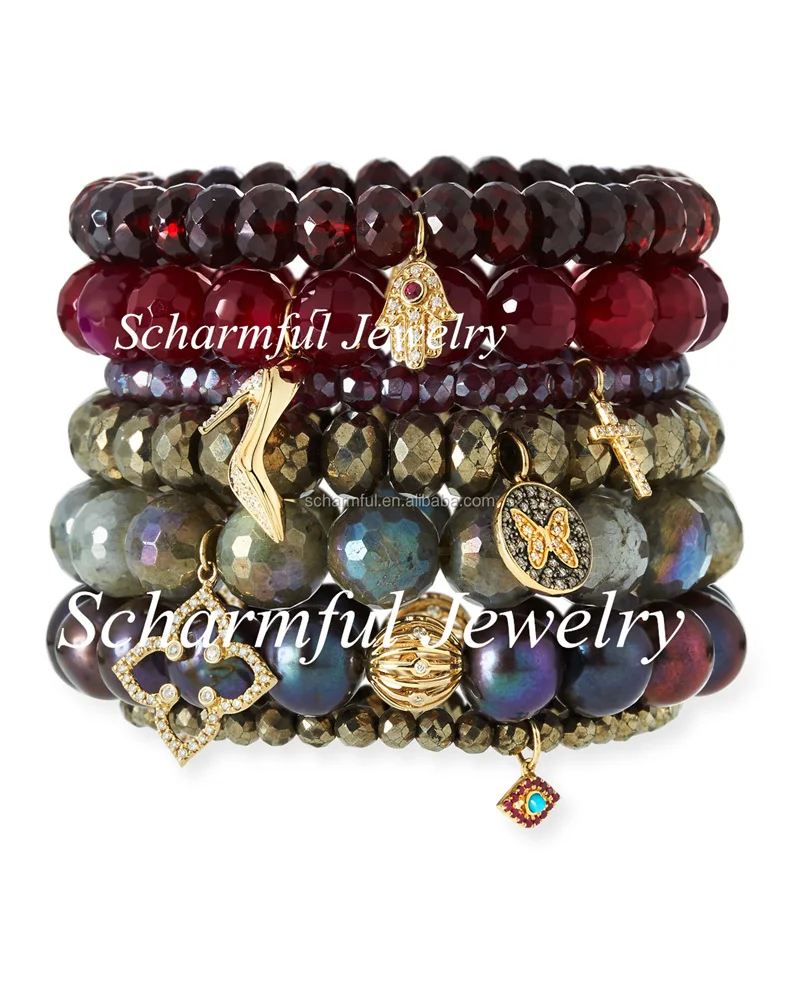 BS020148 High Heeled Shoes Charm Red Agate Strech Bracelet Pave Cross Charm Pendant Roudel Pyrite Bead Stacking Bracele