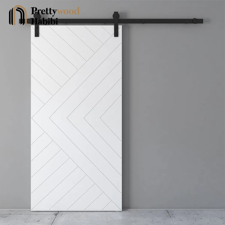 Foshan Modern Apartment White Chevron Design Solid Wooden Interior Double Sliding Barn Doors