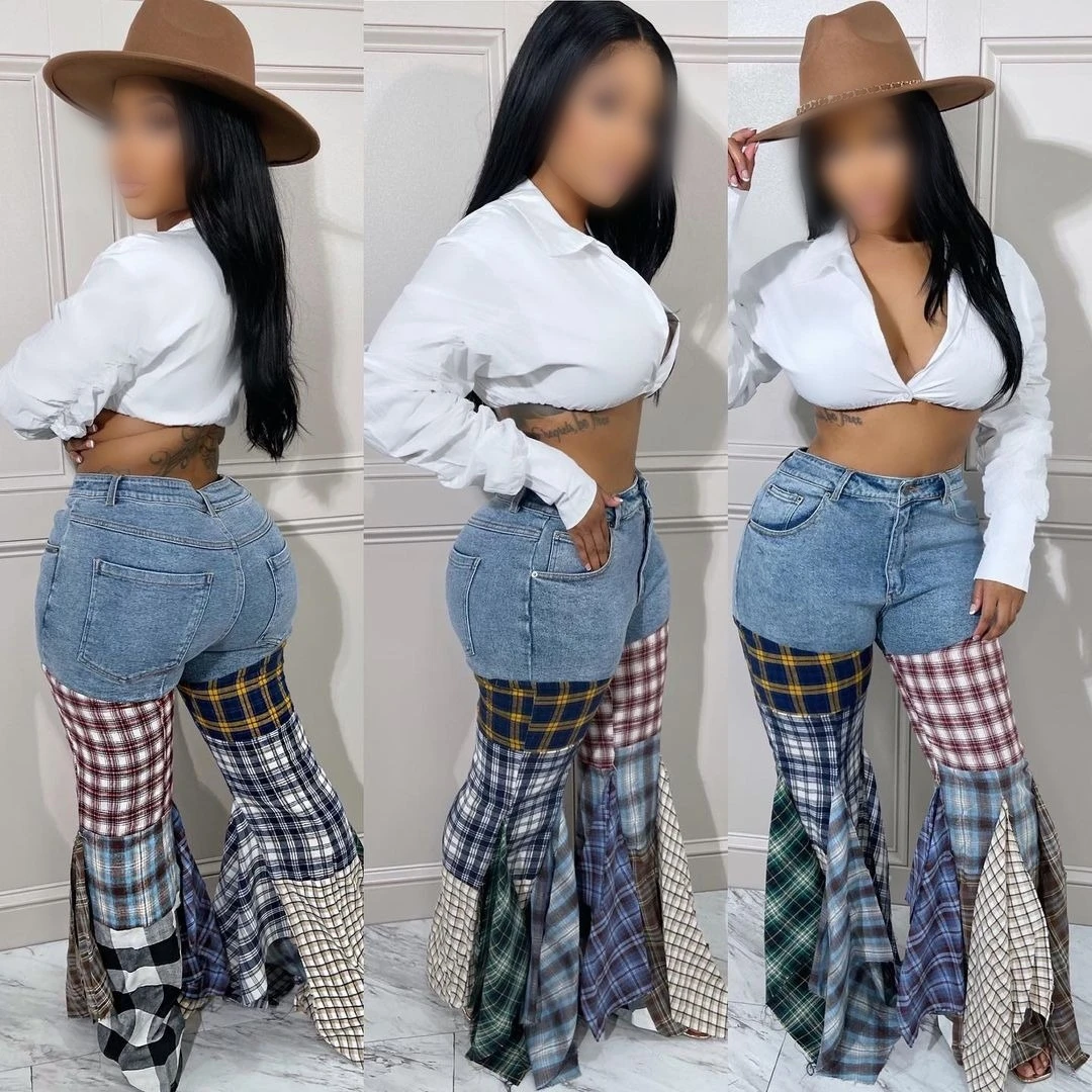 Ld83176 New Arrival Jeans Pants For Women Patchwork Thousand Bird Checker Ruffle Flared Jeans Casual Denim Jeans For Ladies