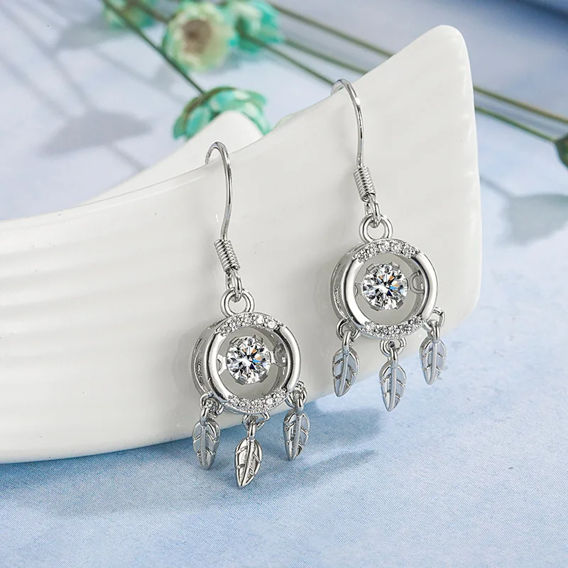 Women Vintage Blue Light Charm Tassel Feather Dangles Ear Stud Natural Grey Moonstone Dream Catcher Drop Earrings