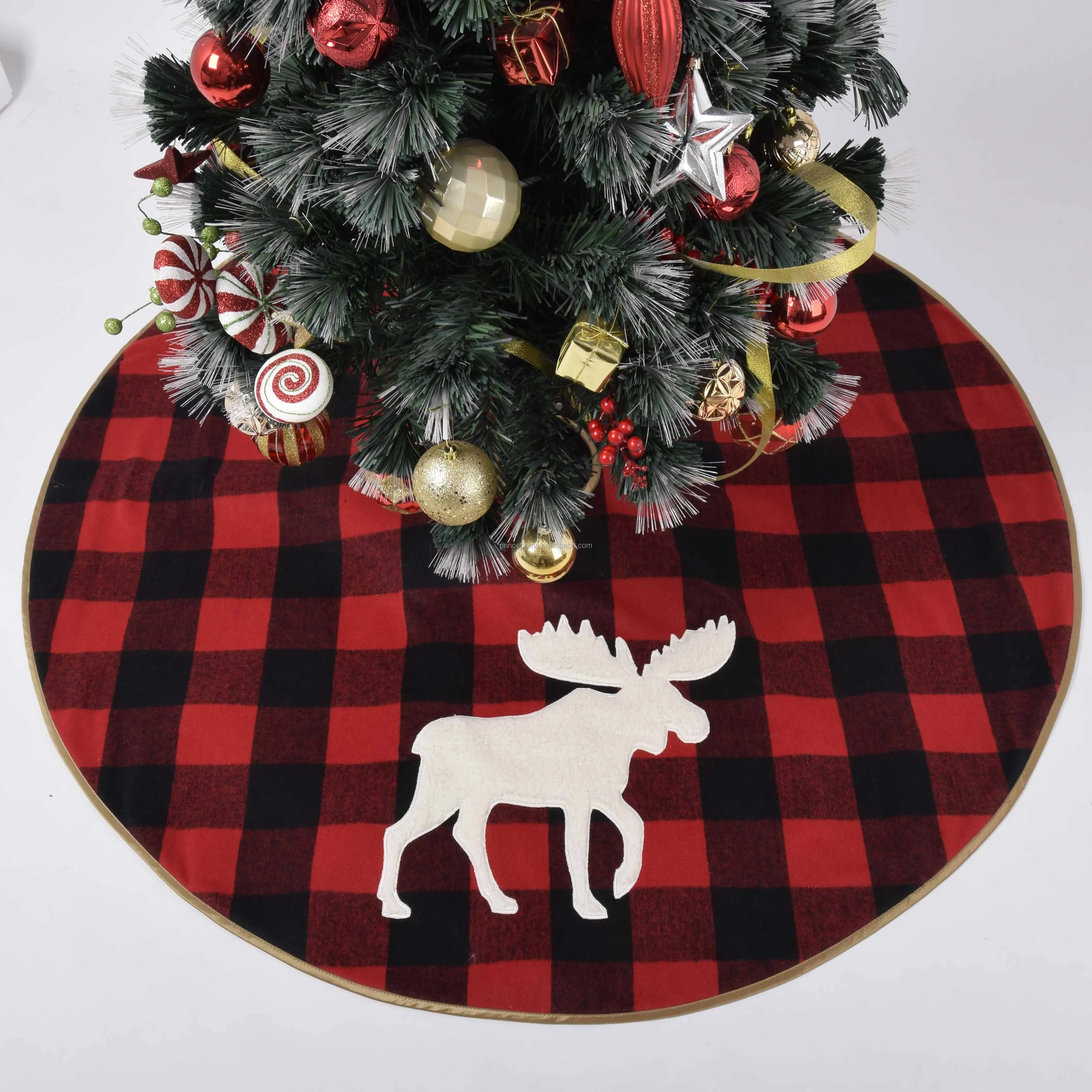 Red and Black Plaid with Sherpa Reindeer Applique Embroidery Christmas Tree Skirt 48'