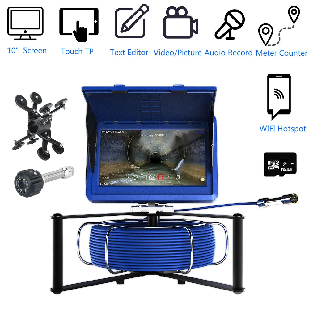 Industrial Pipe Sewer Inspection Video Camera Meter Counter DVR Video recording WIFI wireless 23mm HD 1080P 20M 30M 50M 80M 100M