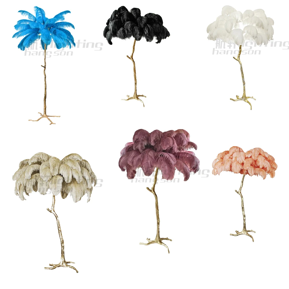 Hotel decoration white/blue/pink/black designer modern palm tree stand copper ostrich feather floor lamp