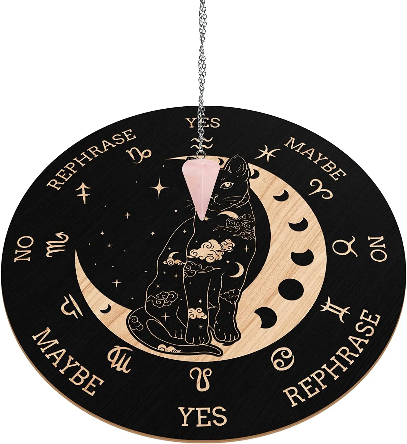 Wooden Cat Moon Witch Dowsin Divination Board with Healing Crystal Necklace Witchcraft Witchcraft Altar Supplies Kit.
