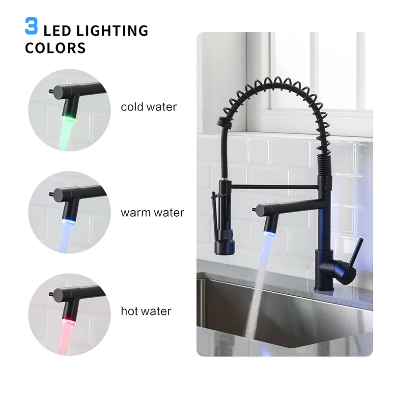 Commercial 360 degree kitchen faucet aerator,Black kitchen mixer faucet,LED kitchen faucet pull down spray