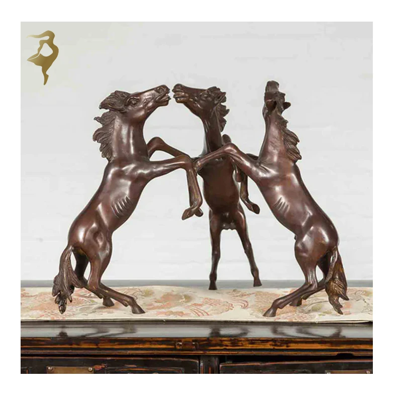 Abstract Art of Bronze triple horse table base Sculpture Home Decor