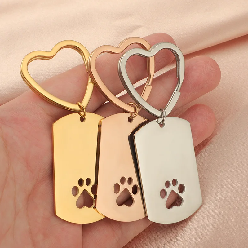 Custom LOGO Laser Engraved Blank Love keychain Key Ring Pendant Stainless Steel Hollow Dog Paws Metal Keychain Charm Accessories