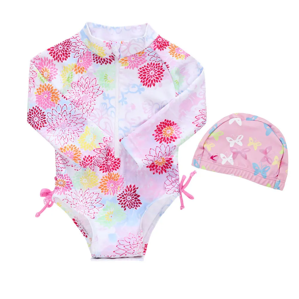 New product Hot sale beautiful floral print long sleeve one piece custom elastic swimwear for girls