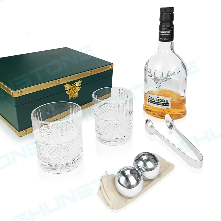 SHUNSTONE Stainless Steel Whiskey Chilling Stones Ball Rotating Whiskey Glasses Set Premium Green Leather Gift Box