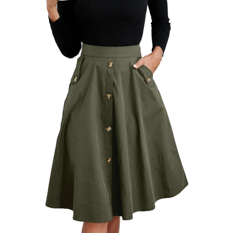 Wholesale custom OEM high quality Womens dress hot models pockets buttons waisted elegant umbrella skirt French Midi skirt