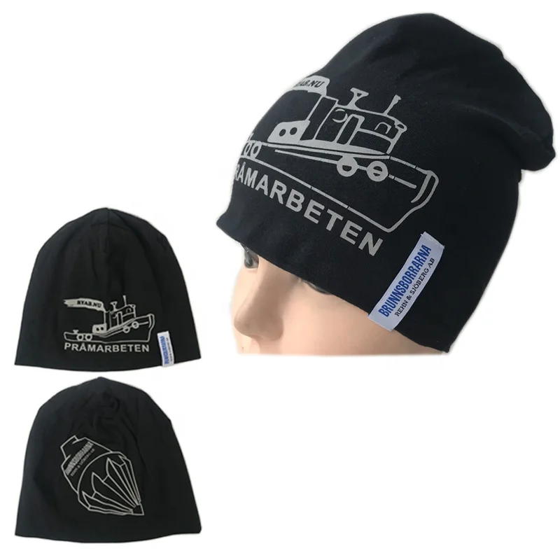 Fashion Designed Customized Thin Jersey Hat Unisex Reflective Printing Knitted Hat Stretch Cotton Beanie Hat