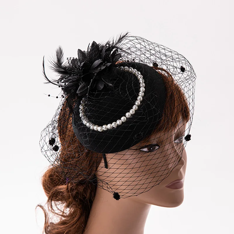 European bridal gauze feather headpiece hair clip Vintage veil pearl top hat