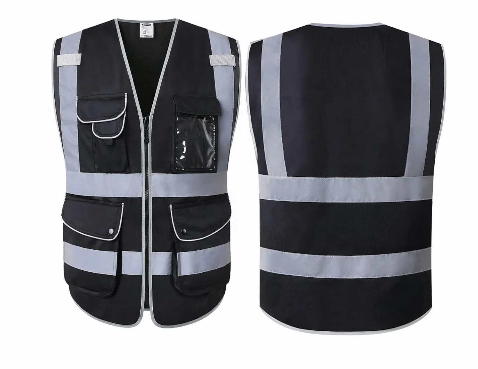 High Visibility Black Safety Vest With Zipper Logo Customized Work Wear Black Safety Vest Reflective