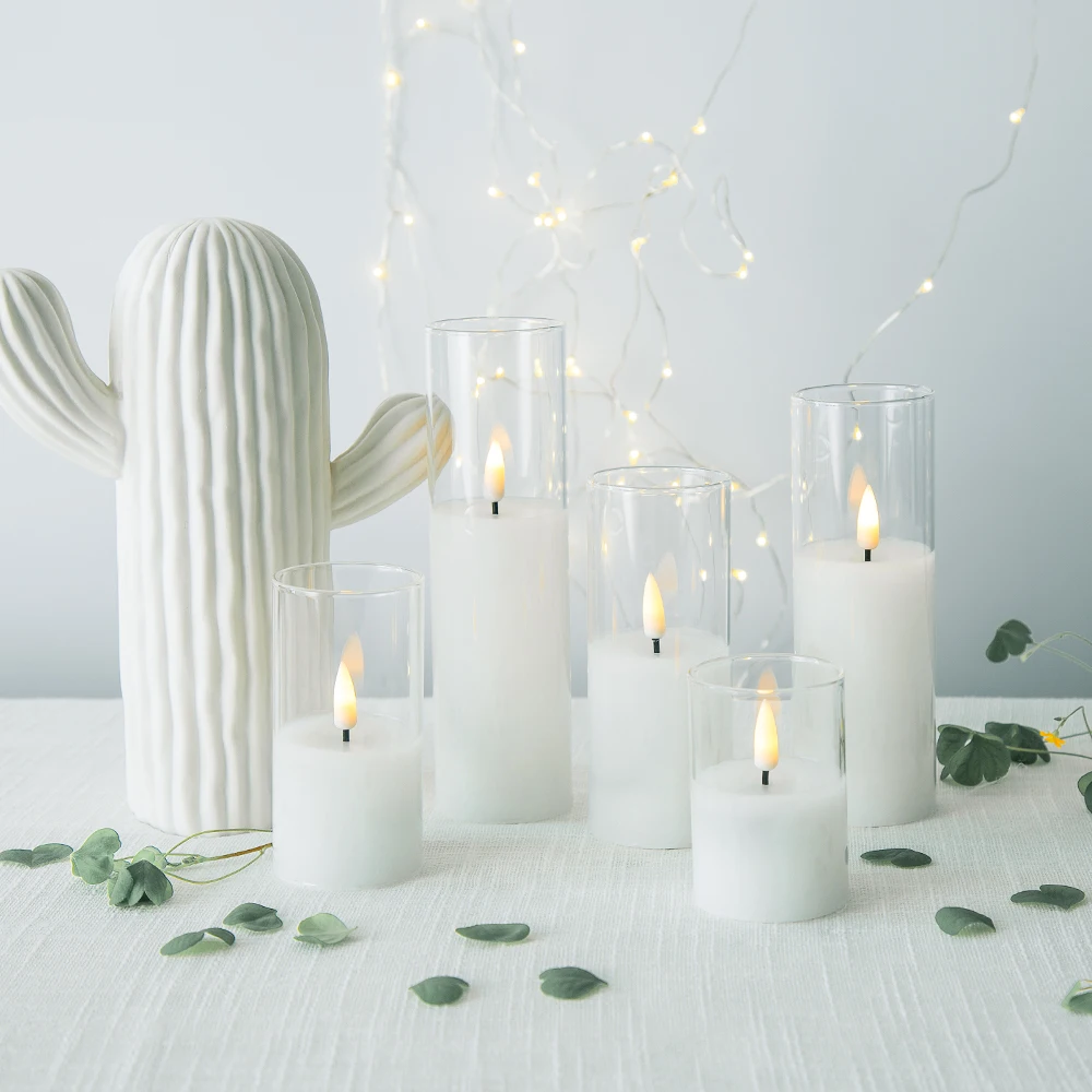 Set of 5 home decoration pillar white glass warm light remote flickering led candle