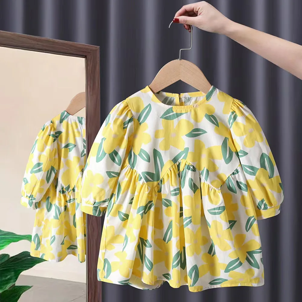 Primavera Verano Children Summer Casual Print Summer Girl Dresses Summer Wholesale Children Boutique Kids Clothes Crocheted