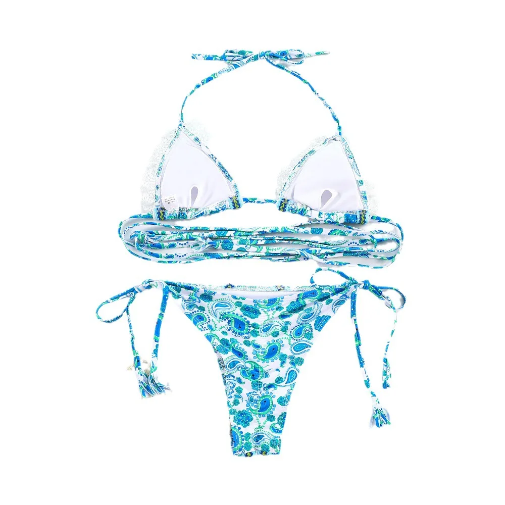 New Design Swimwear Printed Lace Rimmed Two Pieces Bikini Set Tie Side Sexy Brazilian Thong Swimsuit