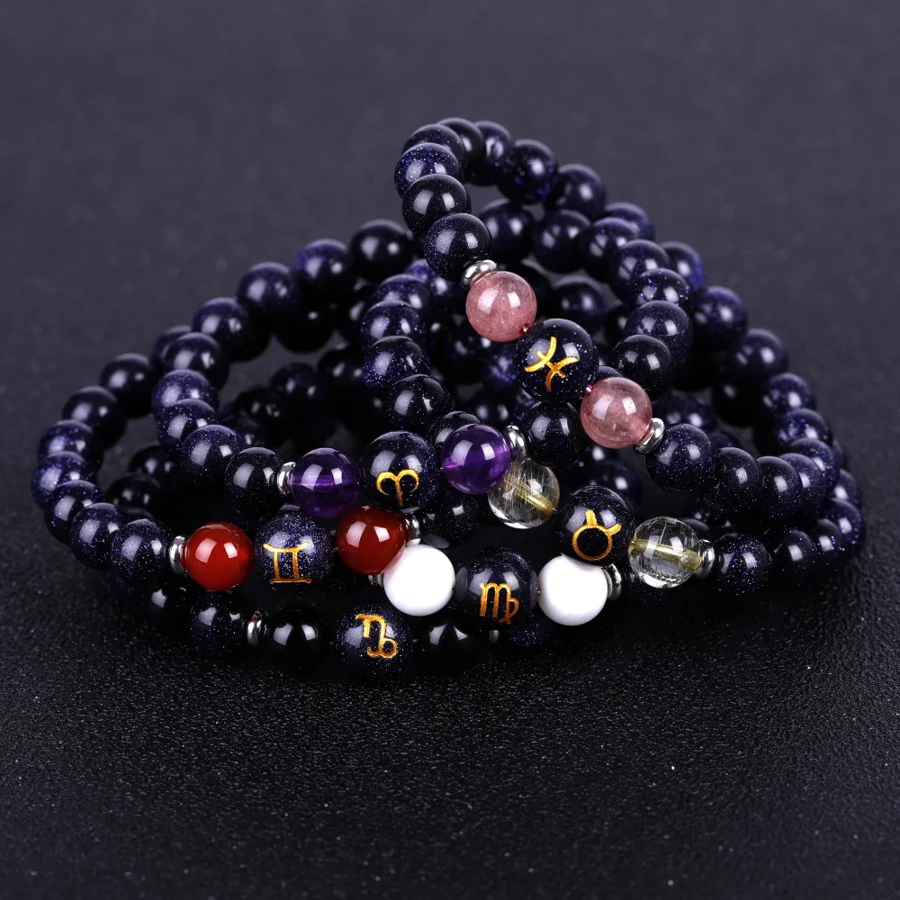 Natural Blue Sandstone Beaded Bracelets 12 Zodiac Signs Couple Bracelet Men Elastic Bracelets For Women Jewelry