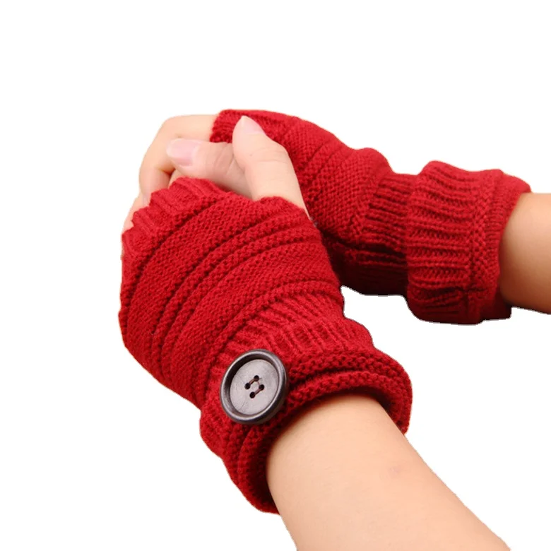 Girl Women Button Knitted Fingerless Half Finger Gloves Winter Warm Mittens