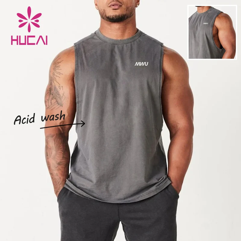 HUCAI Custom Stringer cotton sleeveless shirt vintage loose fit cut off acid washed Workout Training gym Tank Top men
