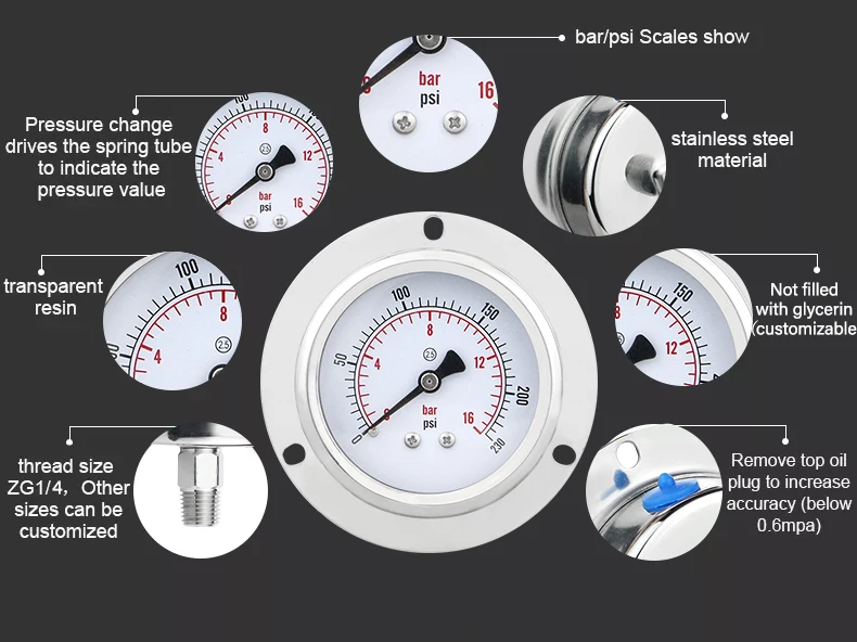 NPT1/4 60mm pressure gauge air pressure gauge 0-16bari rear mounting front flange pressure gauge