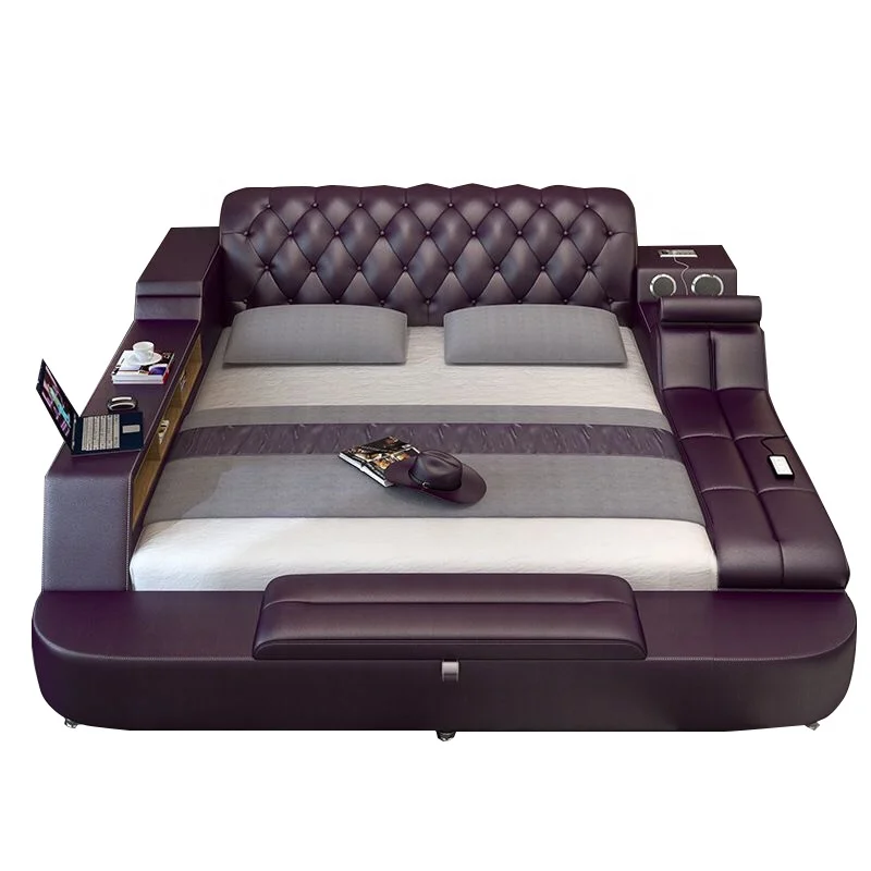 
Multi-functional Genuine Leather Smart Bed Room Furnitures Upholstery King Size Bed 