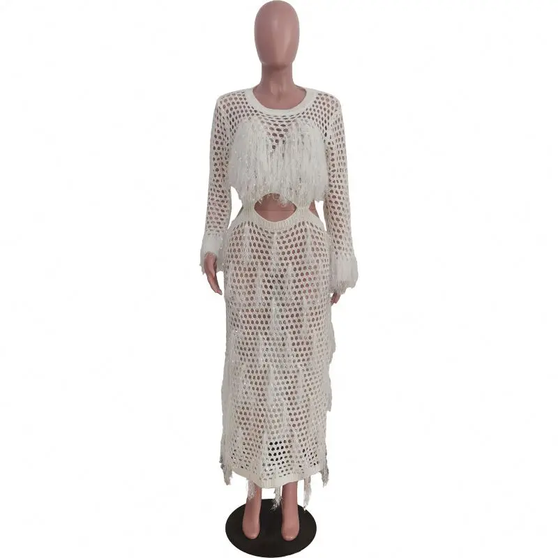 new arrivals 2024 sexy hollow out knit crochet dress ladies elegance tassels fringe maxi dress club party dress