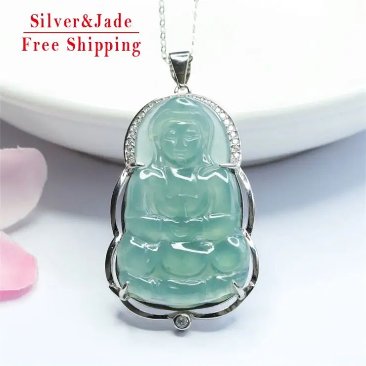 Flive Delivery S925 Silver Inlay Ice-Like Jade Goddess Of Mercy Pendant Myanmar Blue Water Jade Pendant Necklace Gift