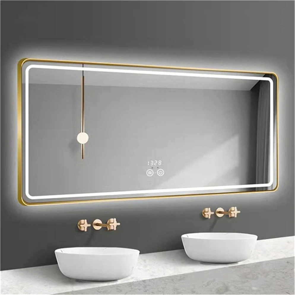 Luxury Custom Logo House Touch Switch Mirrored Large Wall Clock Led Bathroom Mirror Cabinets Washing