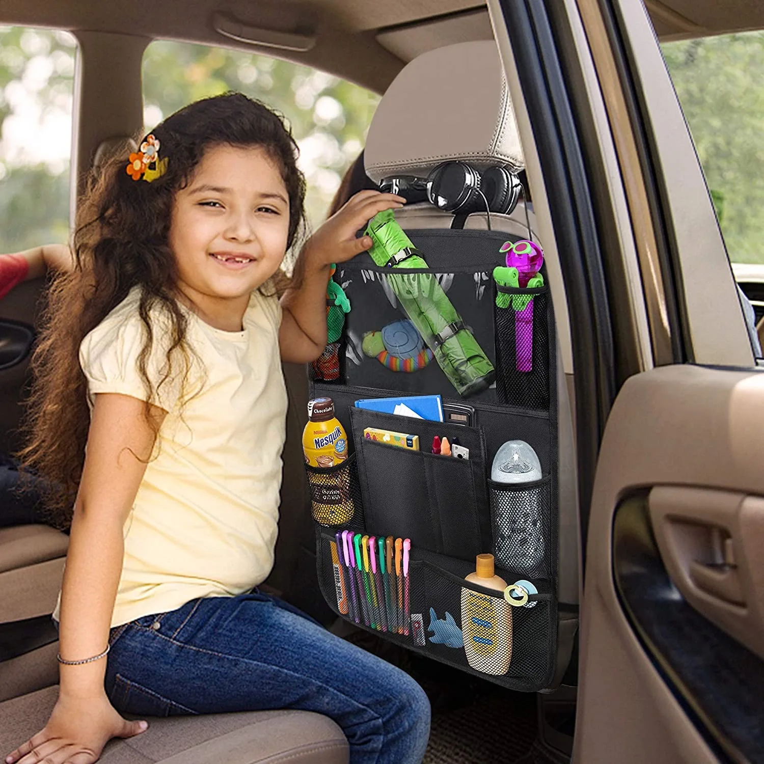 Trunk anti-kick hanging organizer bag car storage backseat with touch screen tablet