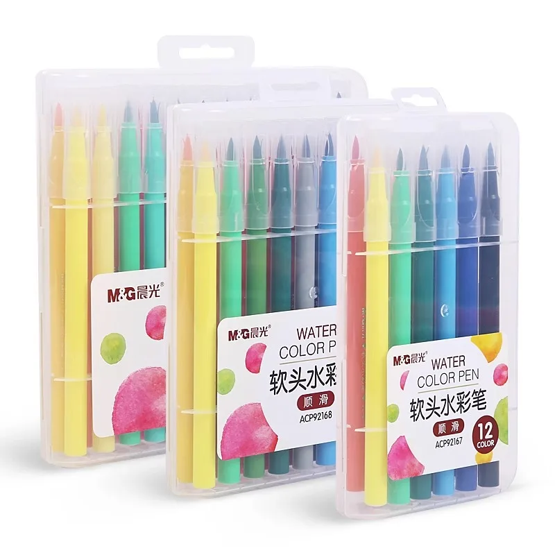M&G Wholesale Art Pen Set 12 18 24 36 48 Colors Watercolor Pens with Flexible Plastic Lead for Drawing