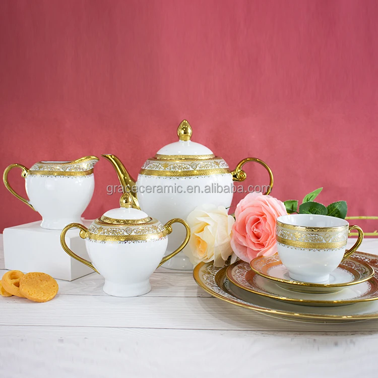 Elegant India Arabic Dubai Market Fine Porcelain New Bone Gold Dinner Set Dinnerware 86 pcs Gold Dinner Sets For 12 Persons