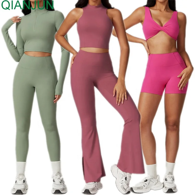 Custom Logo Women Gym Sport Wear Solid Long Sleeves And Sports Bra Shorts Leggings Quick Drying Yoga Sets