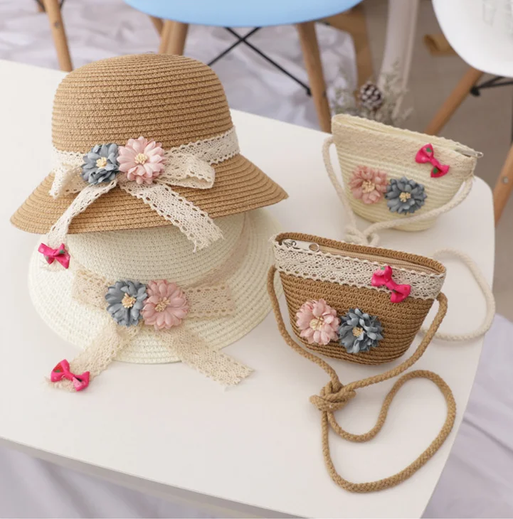 Оптовая продажа с фабрики модная детская летняя Солнцезащитная шляпа цветами принцесса кружевная лента пляжная сумка через плечо для
